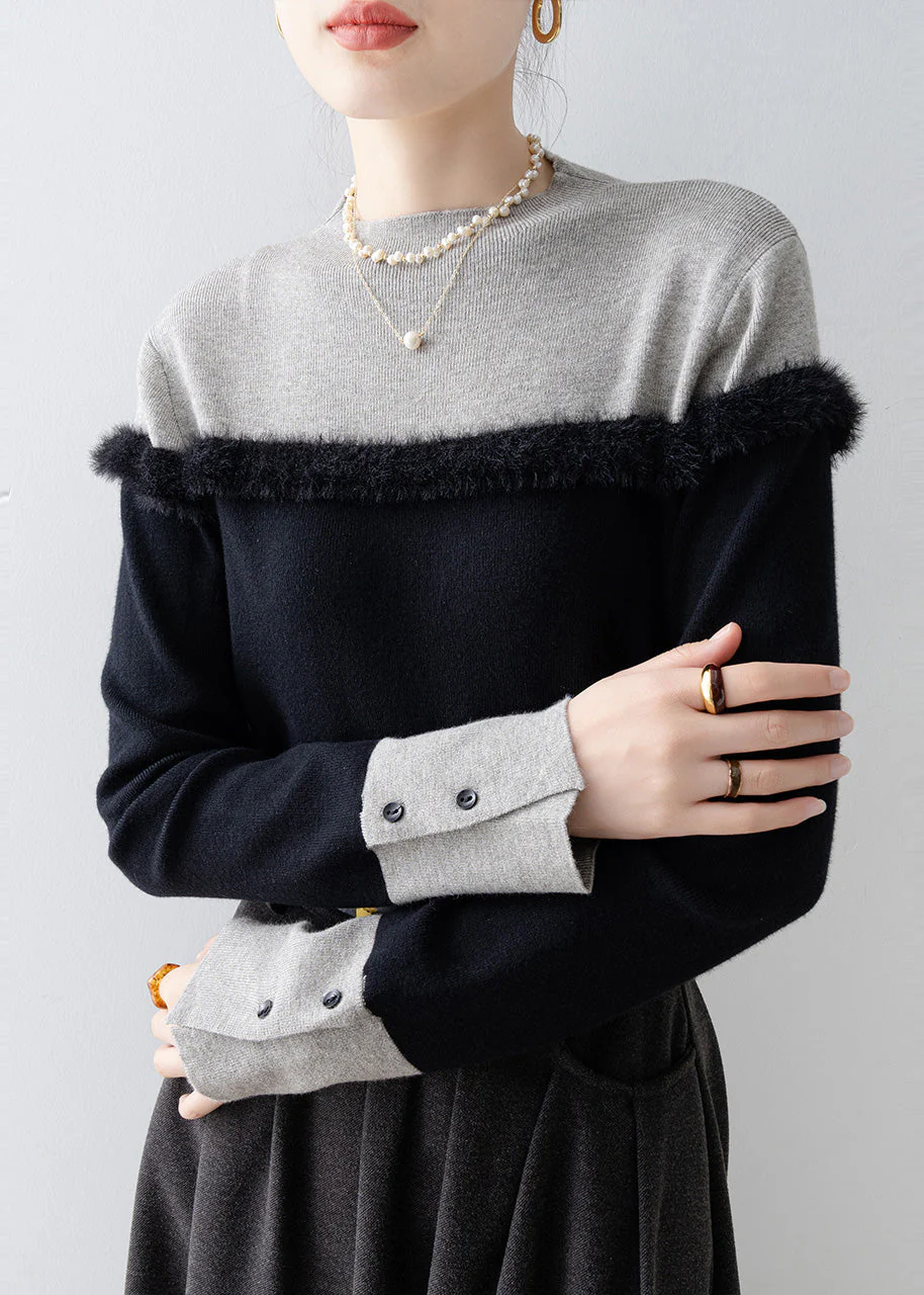 Fitted Black Stand Collar Patchwork Faux Fur Sweater Winter - Image 4