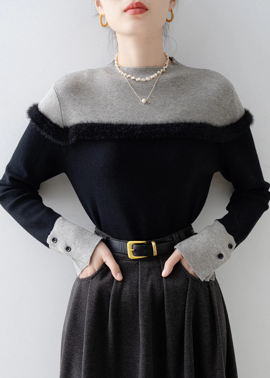 Fitted Black Stand Collar Patchwork Faux Fur Sweater Winter - Image 5