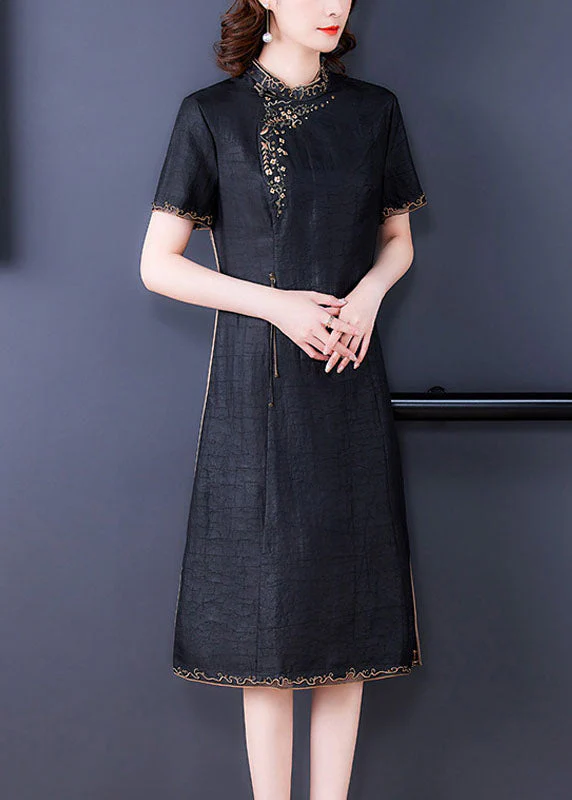 Fitted Black Stand Collar Zippered Embroideried Side Open Silk Dresses Short Sleeve - Image 2