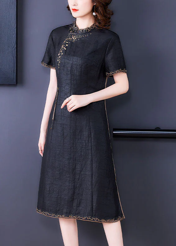 Fitted Black Stand Collar Zippered Embroideried Side Open Silk Dresses Short Sleeve - Image 4