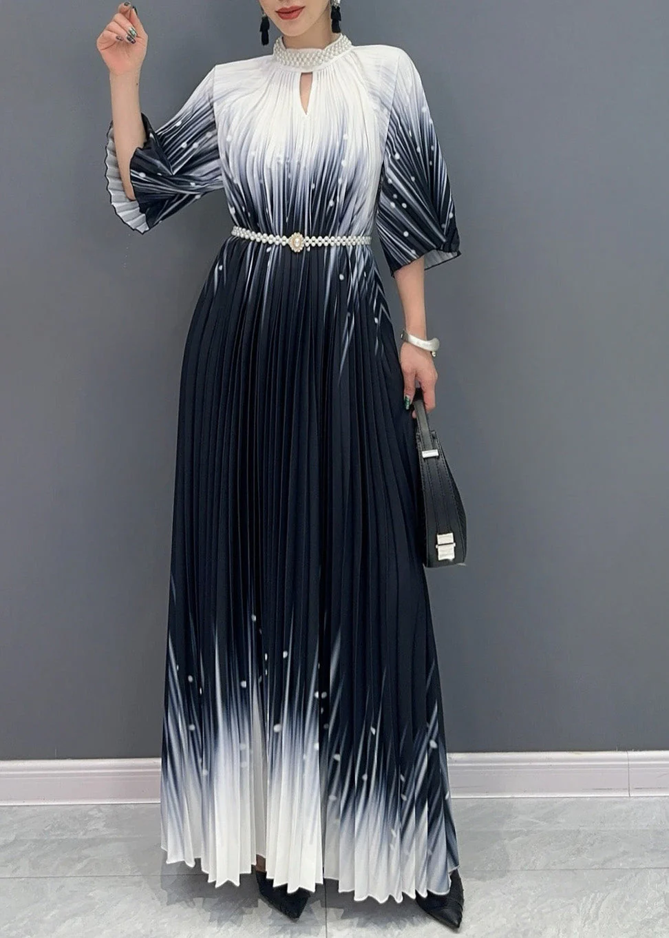 Fitted Black Turtleneck Print Wrinkled Vacation Maxi Dresses Summer - Image 2