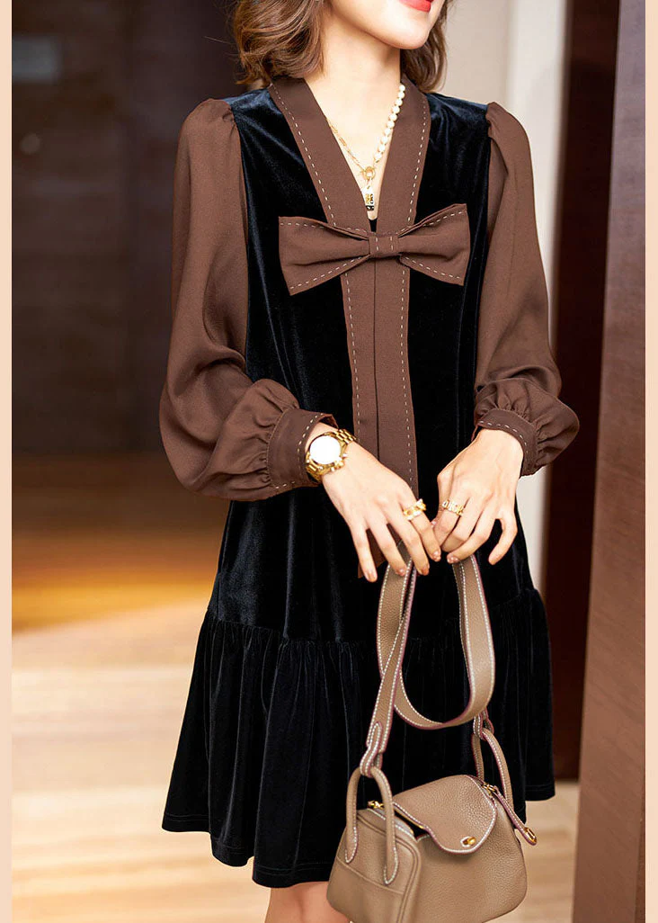 Fitted Black V Neck Bow Patchwork Velour Dress Spring - Image 2