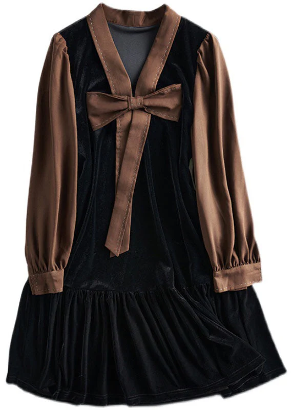 Fitted Black V Neck Bow Patchwork Velour Dress Spring - Image 3