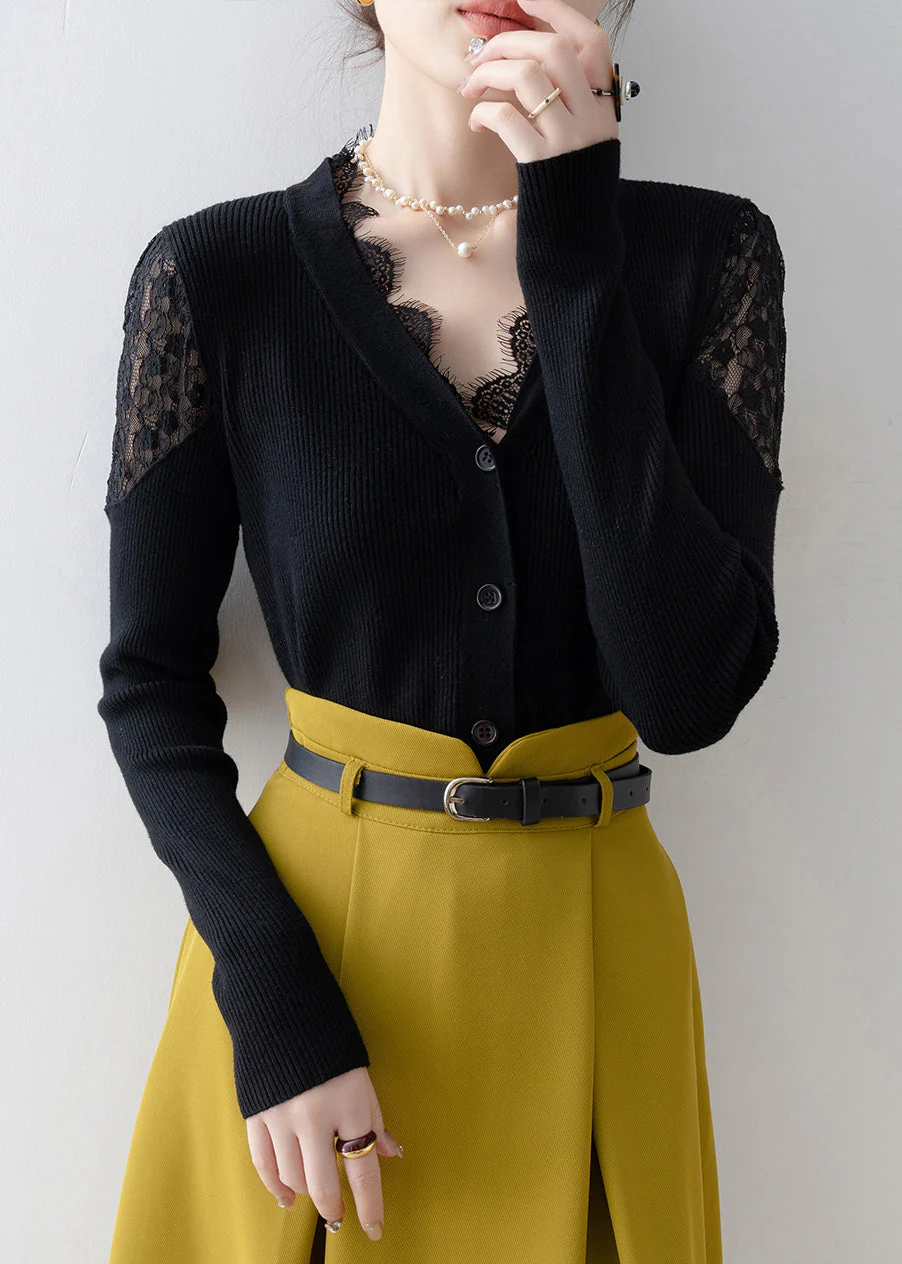 Fitted Black V Neck Lace Patchwork Knit Short Sweater Spring - Image 4