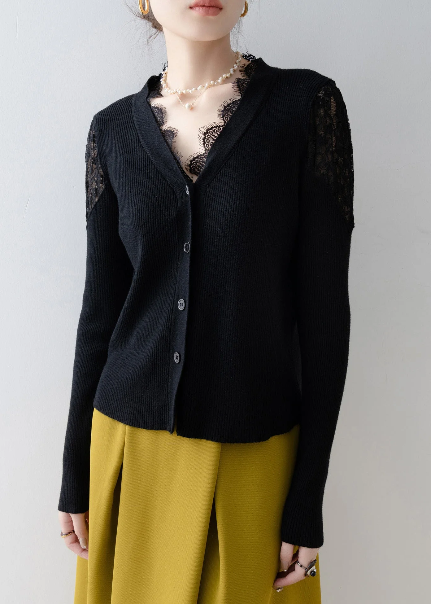 Fitted Black V Neck Lace Patchwork Knit Short Sweater Spring - Image 5