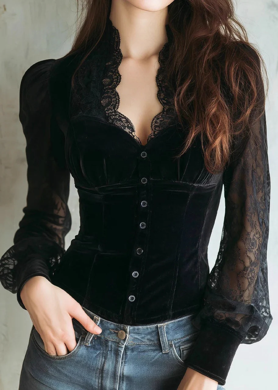 Fitted Black V Neck Lace Patchwork Velour Shirts Spring - Image 3