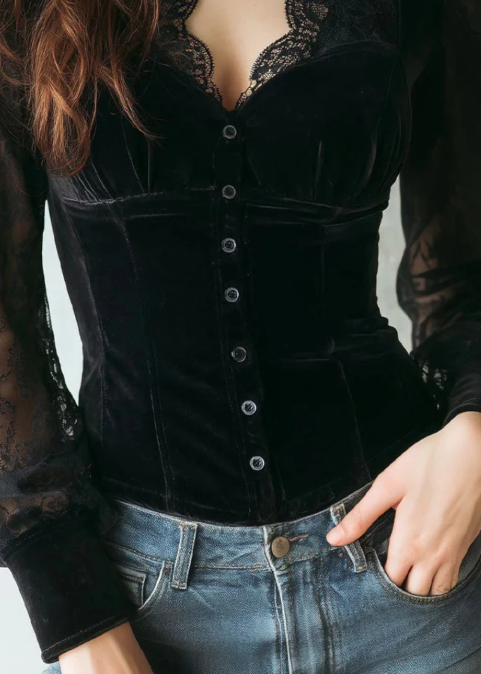 Fitted Black V Neck Lace Patchwork Velour Shirts Spring - Image 4