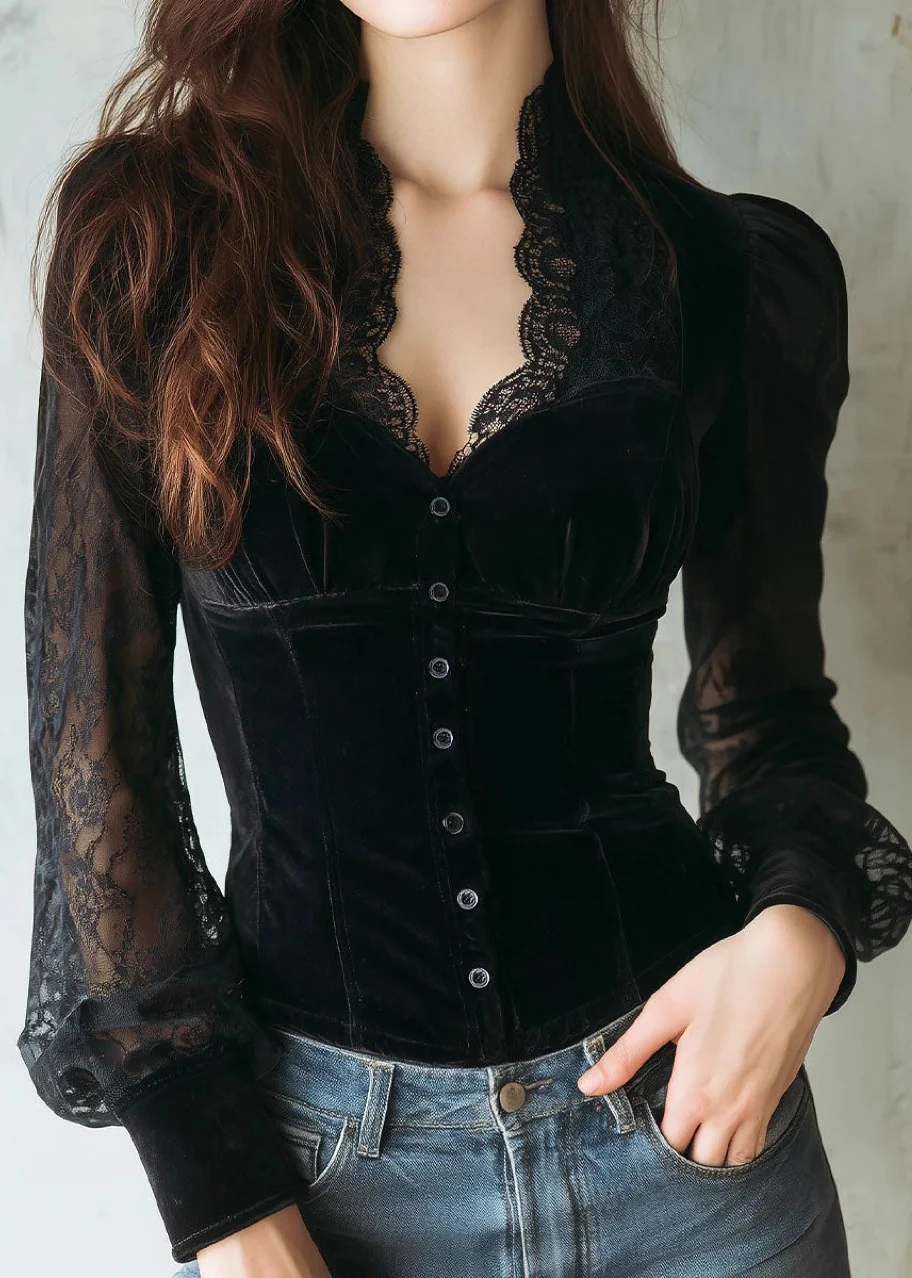 Fitted Black V Neck Lace Patchwork Velour Shirts Spring - Image 5