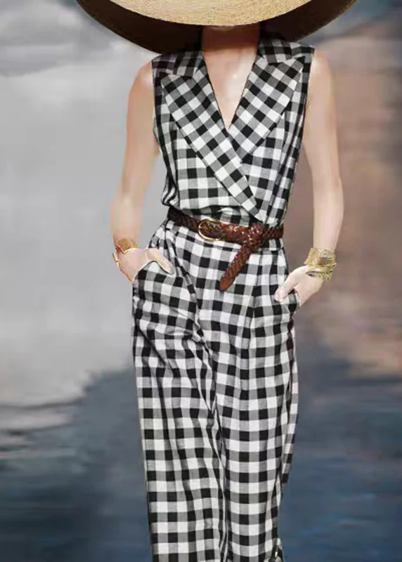 Fitted Black White Plaid Notched High Waist Sashe Jumpsuits Summer - Image 2