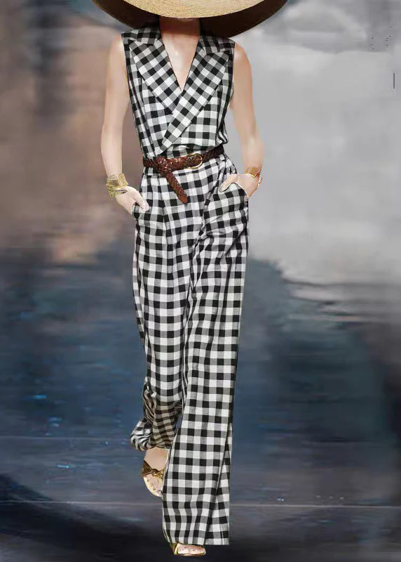 Fitted Black White Plaid Notched High Waist Sashe Jumpsuits Summer - Image 3