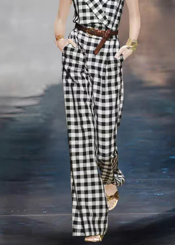 Fitted Black White Plaid Notched High Waist Sashe Jumpsuits Summer - Image 4