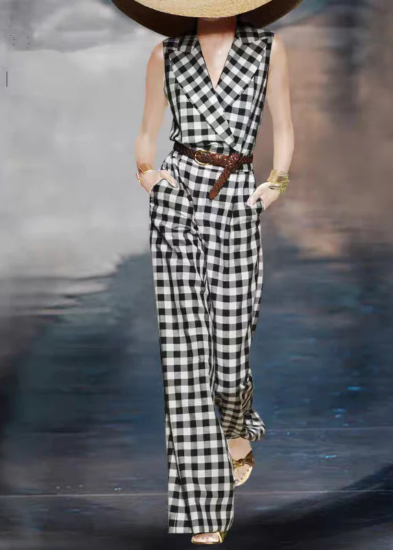 Fitted Black White Plaid Notched High Waist Sashe Jumpsuits Summer - Image 5