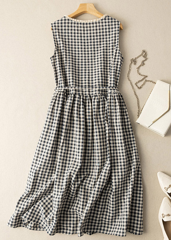 Fitted Black White Plaid O-Neck Patchwork Tie Waist Maxi Dress Summer - Image 2