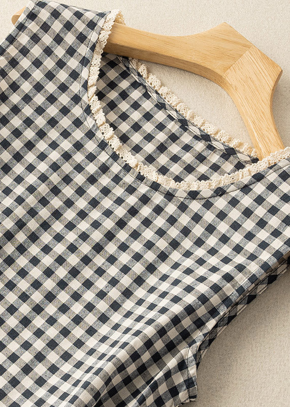 Fitted Black White Plaid O-Neck Patchwork Tie Waist Maxi Dress Summer - Image 3