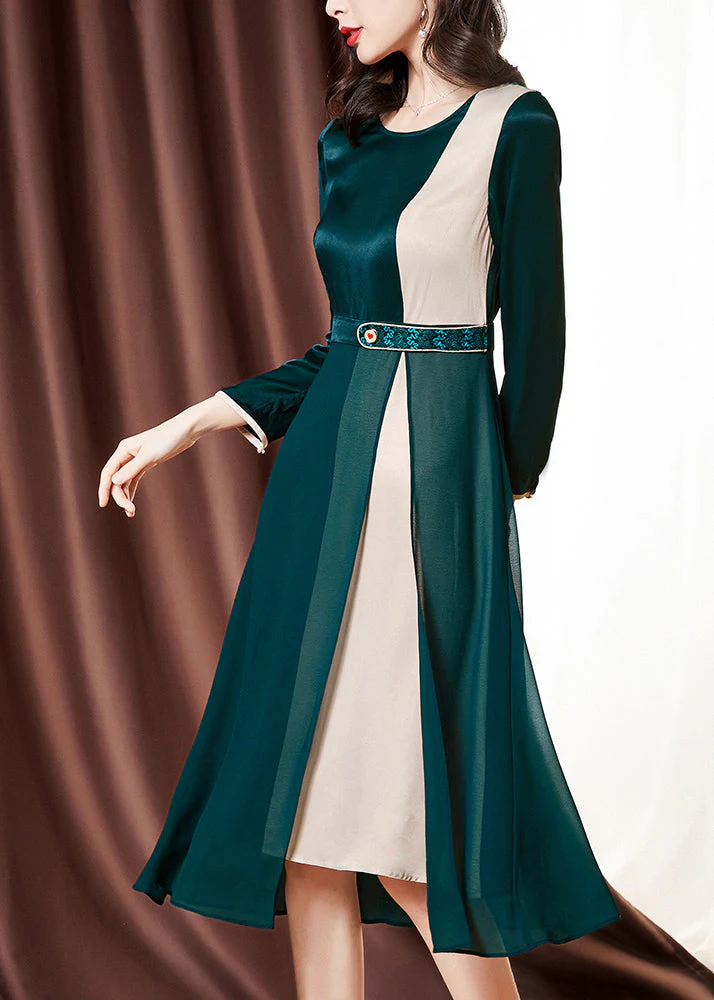 Fitted Blackish Green O-Neck Patchwork Chiffon Cinch Dress Bracelet Sleeve - Image 2