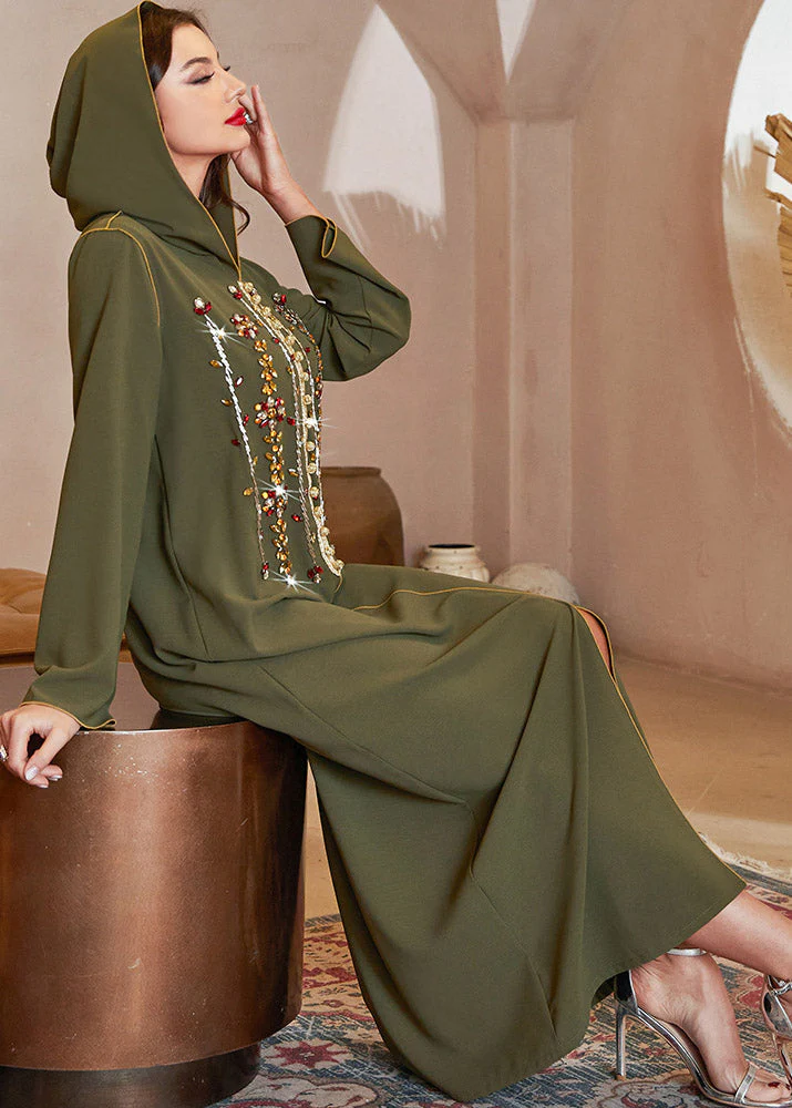 Fitted Blackish Green Sequins Patchwork Hooded Long Dresses Long Sleeve - Image 2