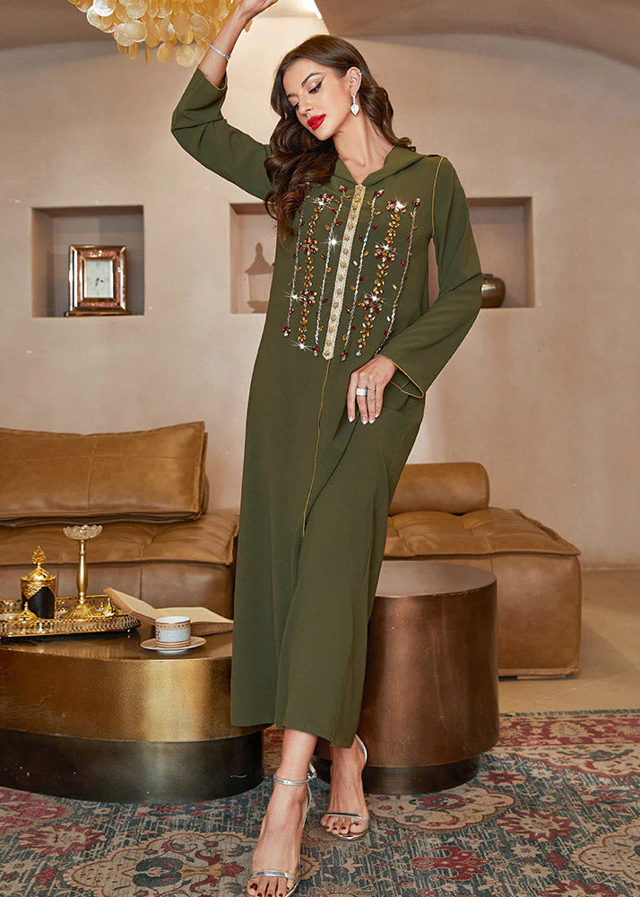 Fitted Blackish Green Sequins Patchwork Hooded Long Dresses Long Sleeve - Image 4