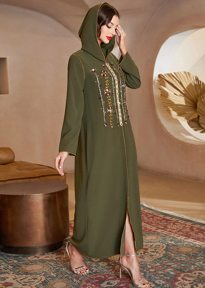 Fitted Blackish Green Sequins Patchwork Hooded Long Dresses Long Sleeve - Image 5