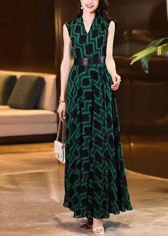 Fitted Blackish Green V Neck Striped Sashes Chiffon Long Dress Sleeveless - Image 2