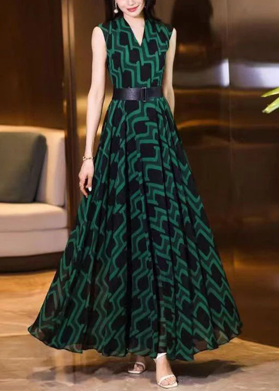Fitted Blackish Green V Neck Striped Sashes Chiffon Long Dress Sleeveless - Image 3