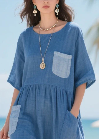 Fitted Blue Asymmetrical Patchwork Pockets Cotton Maxi Dresses Summer - Image 2