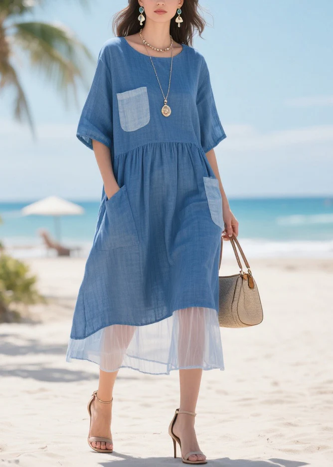 Fitted Blue Asymmetrical Patchwork Pockets Cotton Maxi Dresses Summer - Image 3
