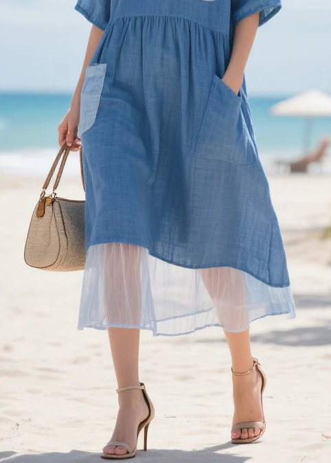 Fitted Blue Asymmetrical Patchwork Pockets Cotton Maxi Dresses Summer - Image 4