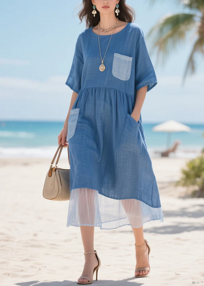 Fitted Blue Asymmetrical Patchwork Pockets Cotton Maxi Dresses Summer - Image 5