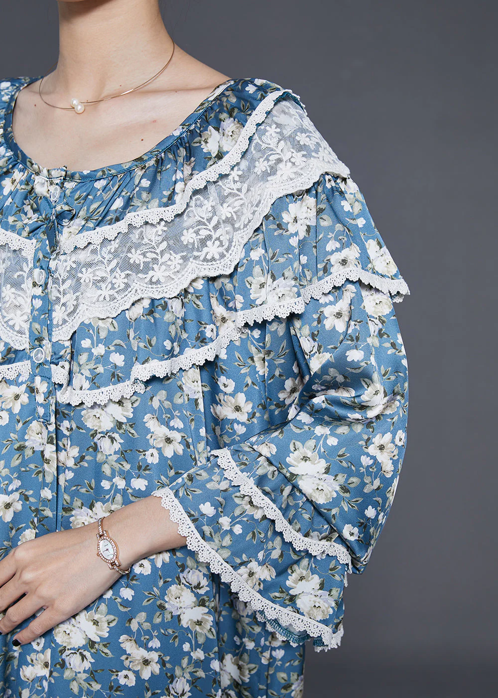 Fitted Blue Double-layer Print Cotton Robe Dresses Fall - Image 5