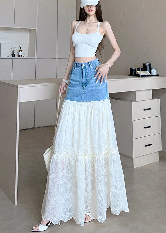 Fitted Blue Embroidered Patchwork Denim Skirts Fall - Image 3