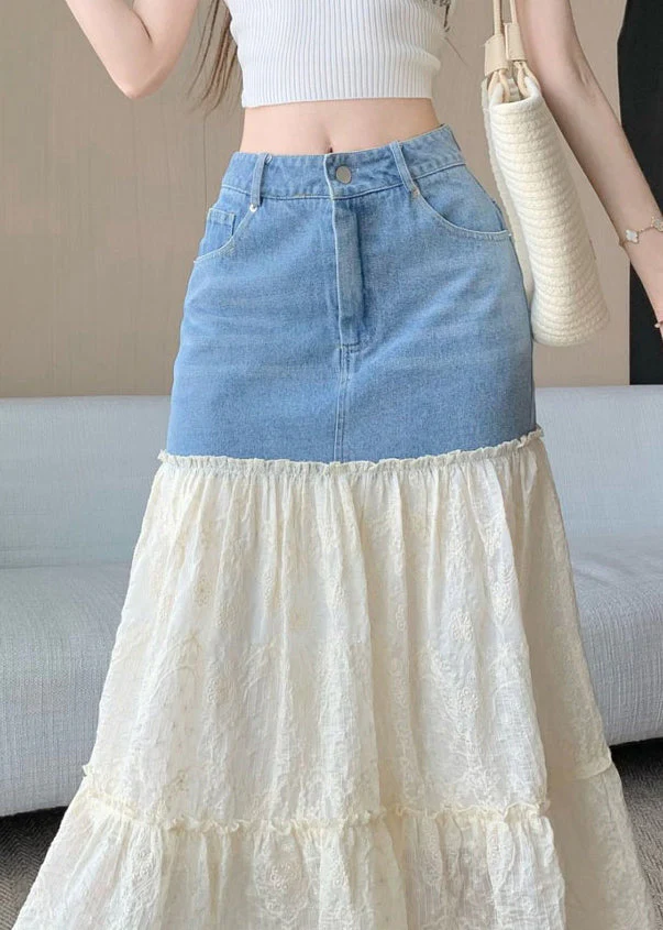 Fitted Blue Embroidered Patchwork Denim Skirts Fall - Image 5