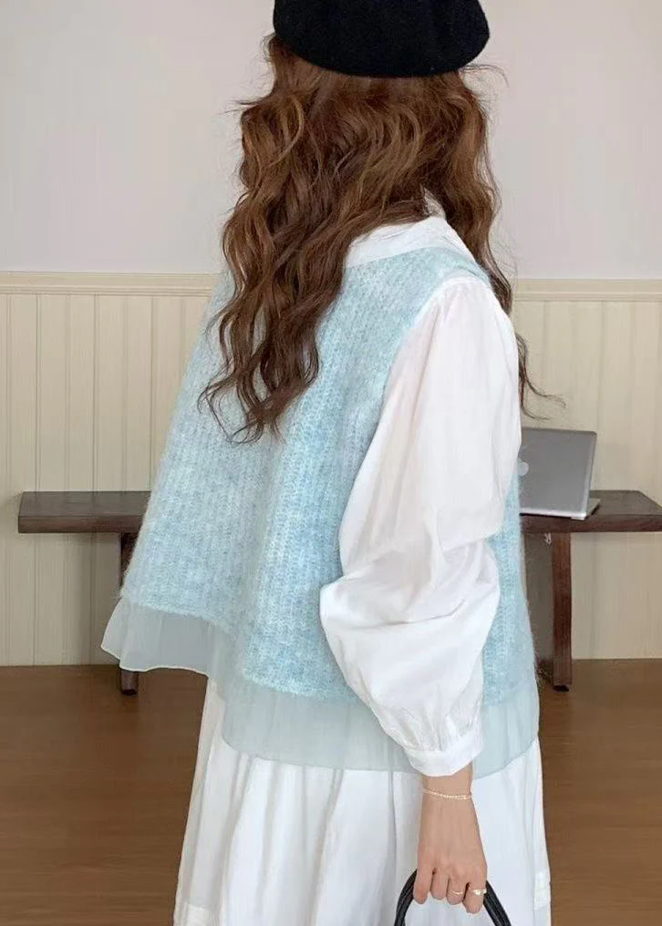 Fitted Blue Floral Patchwork Tulle Knit Vests Spring - Image 4