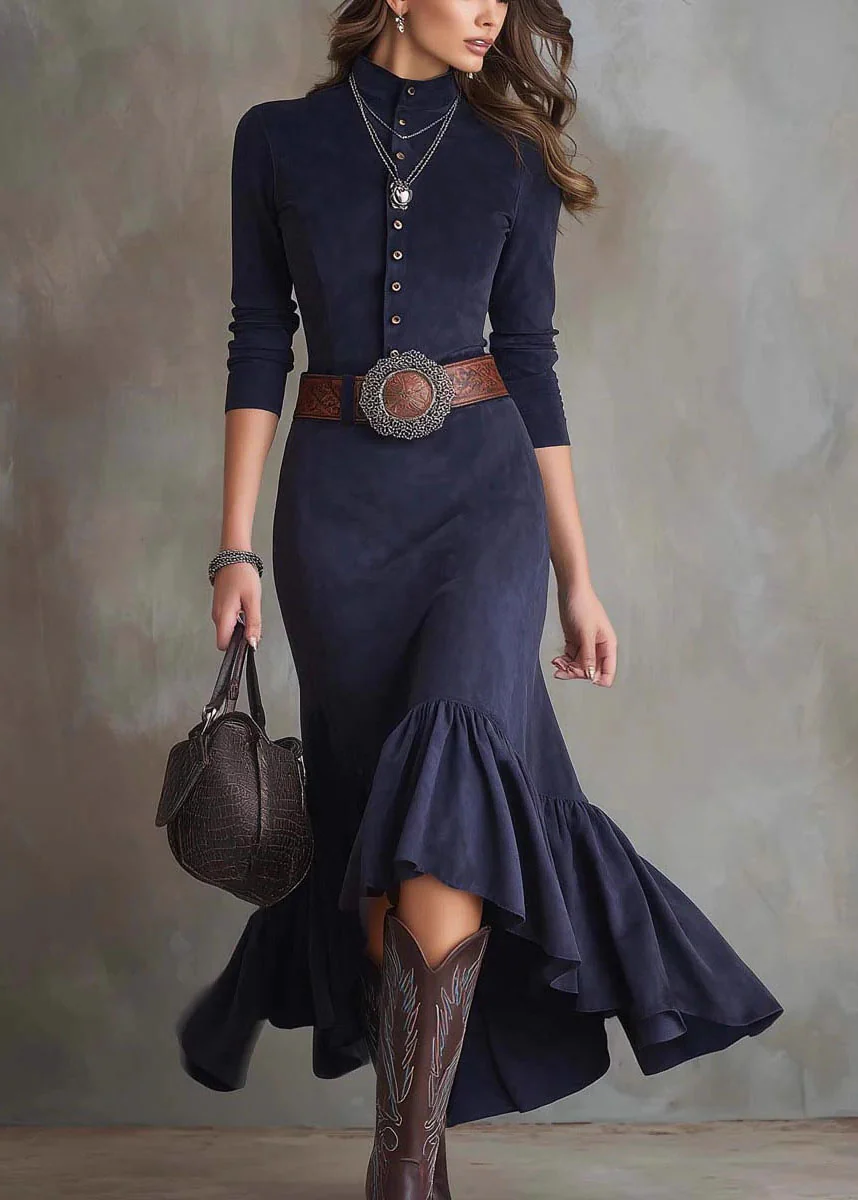 Fitted Blue Hign Neck Ruffled Patchwork Faux Suede Dress Fall - Image 3