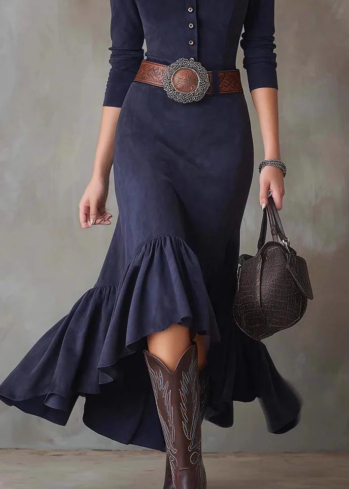 Fitted Blue Hign Neck Ruffled Patchwork Faux Suede Dress Fall - Image 4