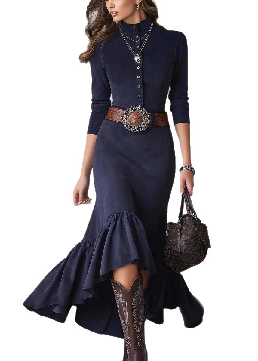 Fitted Blue Hign Neck Ruffled Patchwork Faux Suede Dress Fall - Image 5