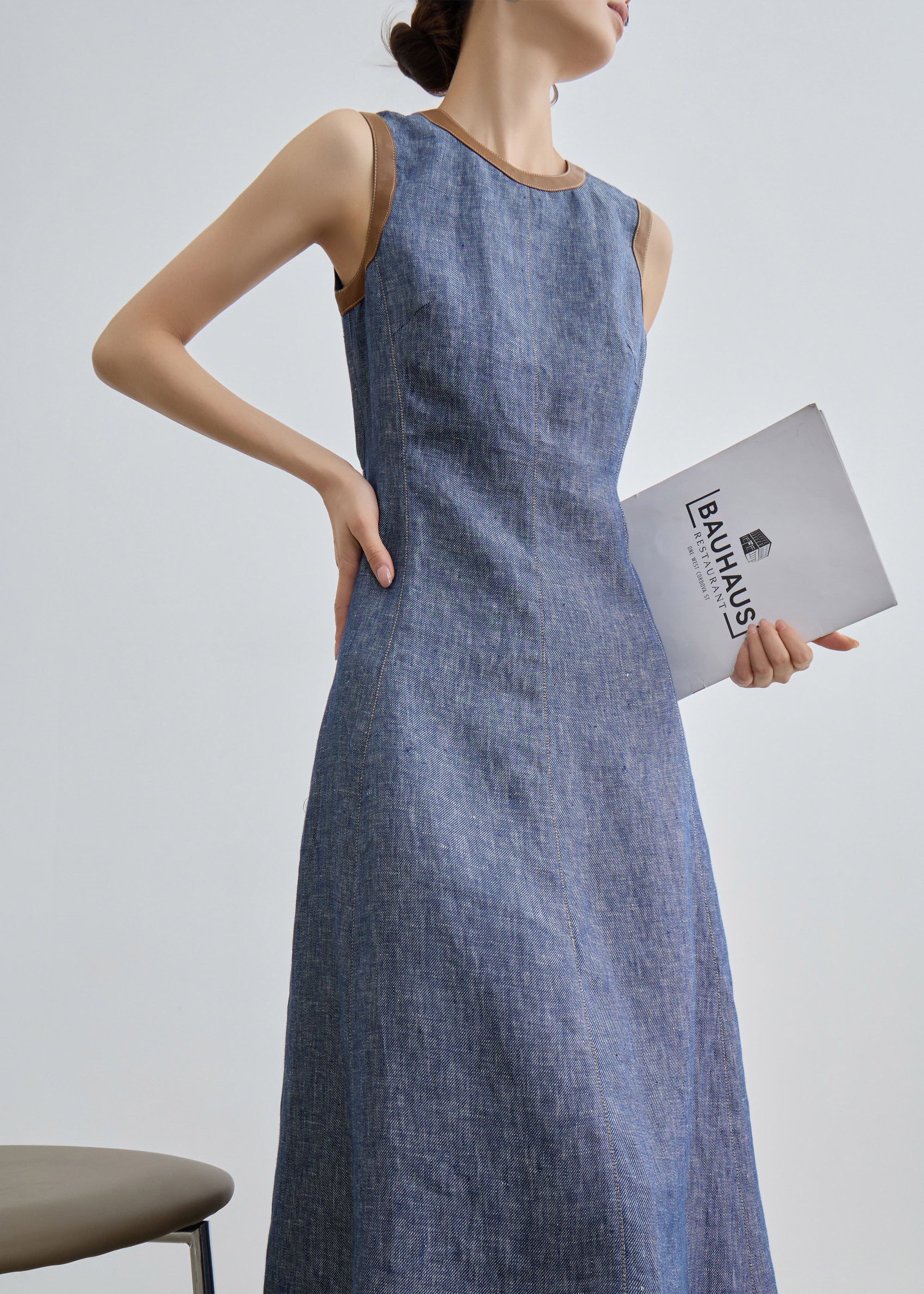 Fitted Blue O Neck Patchwork Denim Long Dress Sleeveless - Image 2