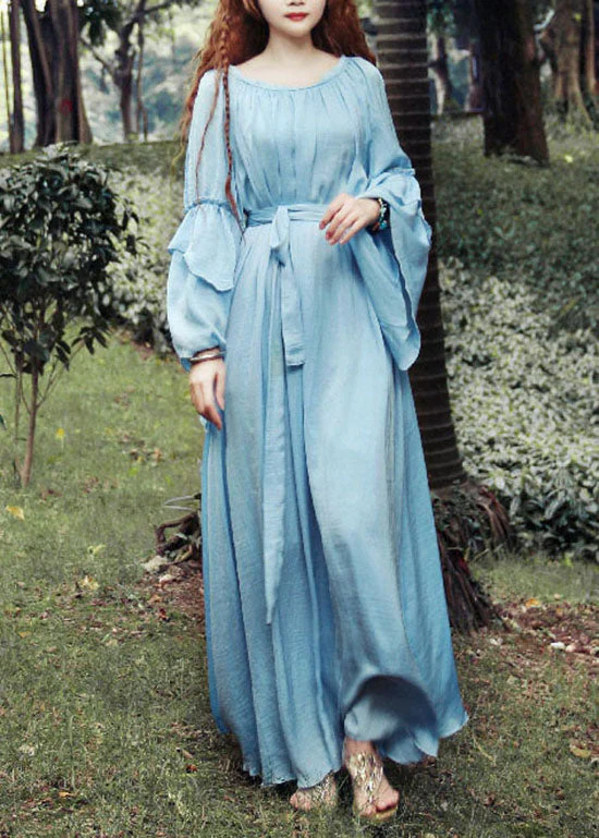 Fitted Blue O-Neck Tie Waist Exra Large Hem Silk Long Dresses Petal Sleeve - Image 2