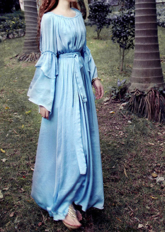 Fitted Blue O-Neck Tie Waist Exra Large Hem Silk Long Dresses Petal Sleeve - Image 3