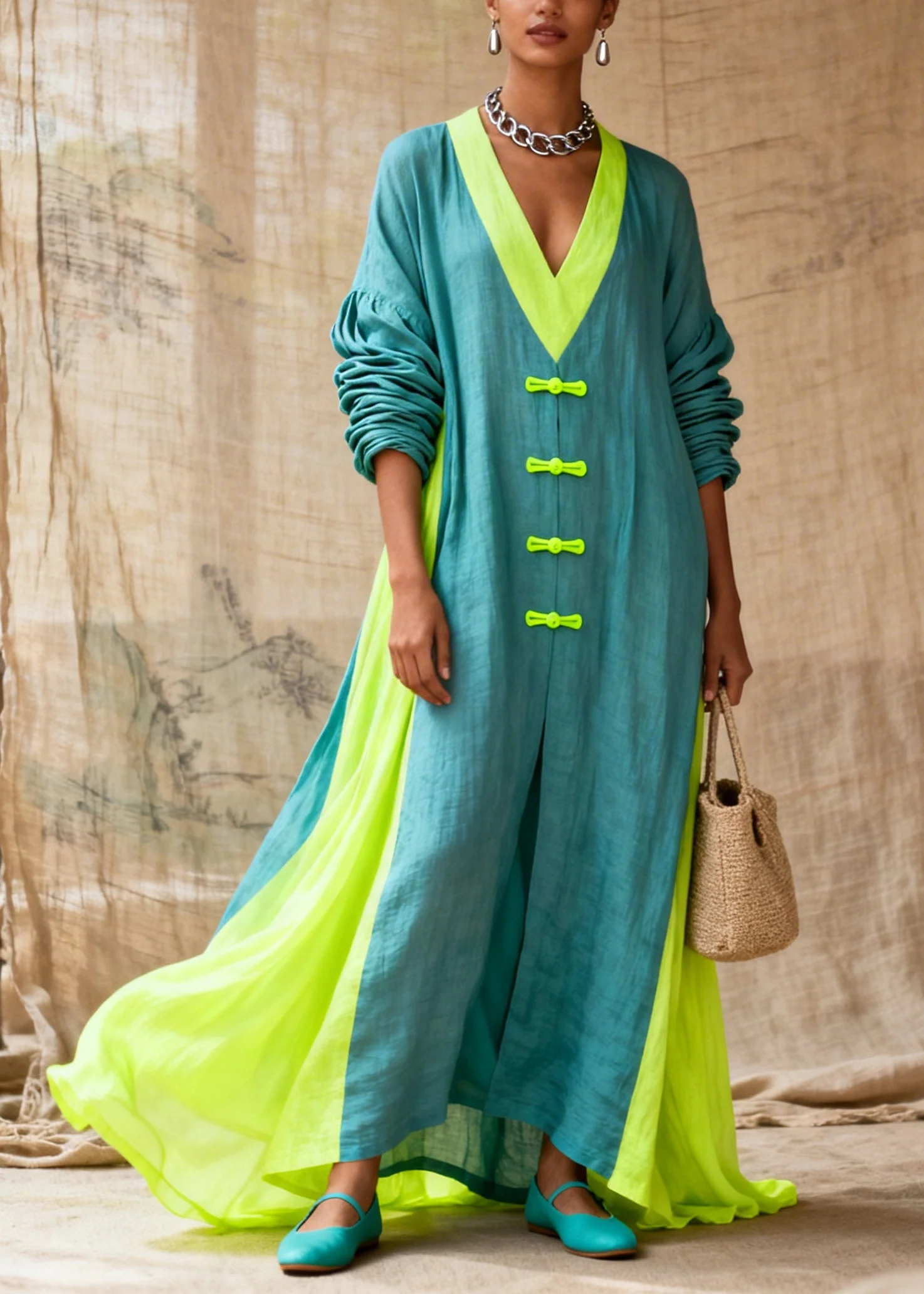 Fitted Blue Oversized Patchwork Chinese Button Cotton Maxi Dresses Fall - Image 3