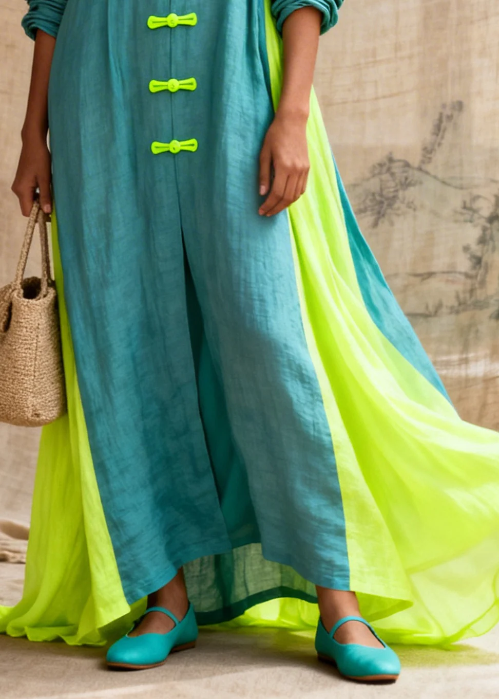 Fitted Blue Oversized Patchwork Chinese Button Cotton Maxi Dresses Fall - Image 4