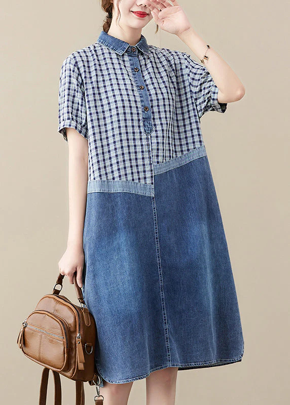 Fitted Blue Peter Pan Collar Patchwork Plaid Denim Long Dress Summer - Image 2