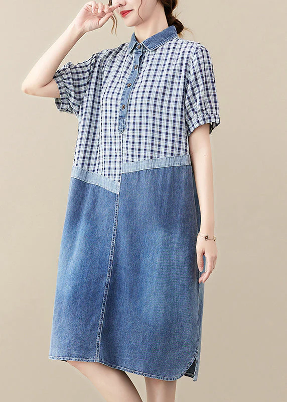 Fitted Blue Peter Pan Collar Patchwork Plaid Denim Long Dress Summer - Image 3