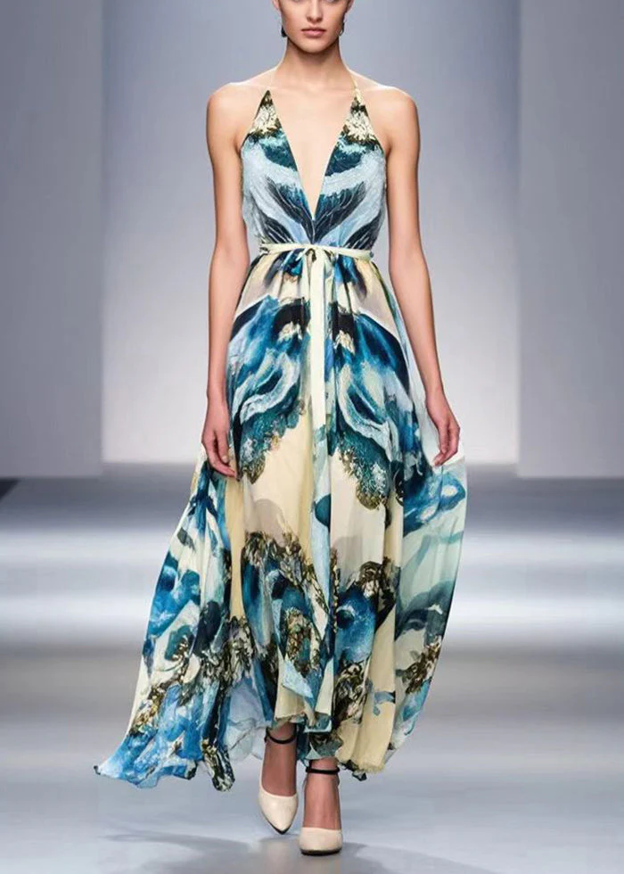 Fitted Blue Print Draping Chiffon Halter Dresses Summer - Image 3