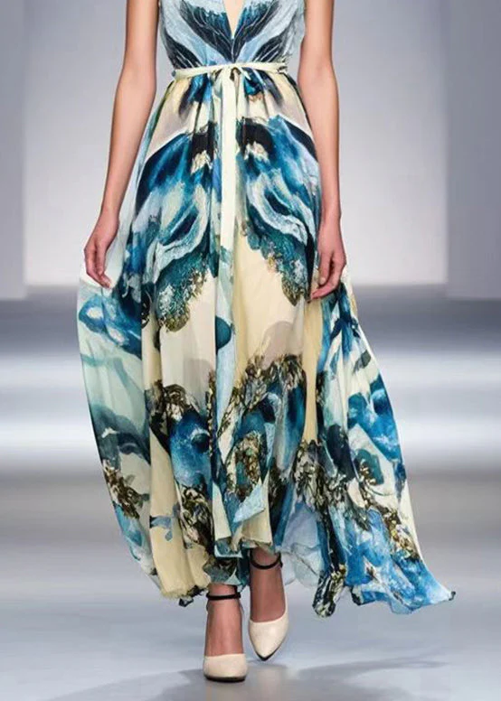 Fitted Blue Print Draping Chiffon Halter Dresses Summer - Image 4
