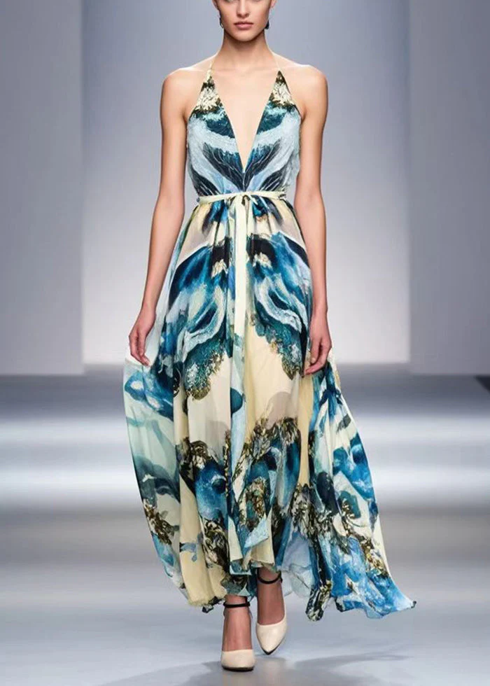 Fitted Blue Print Draping Chiffon Halter Dresses Summer - Image 5
