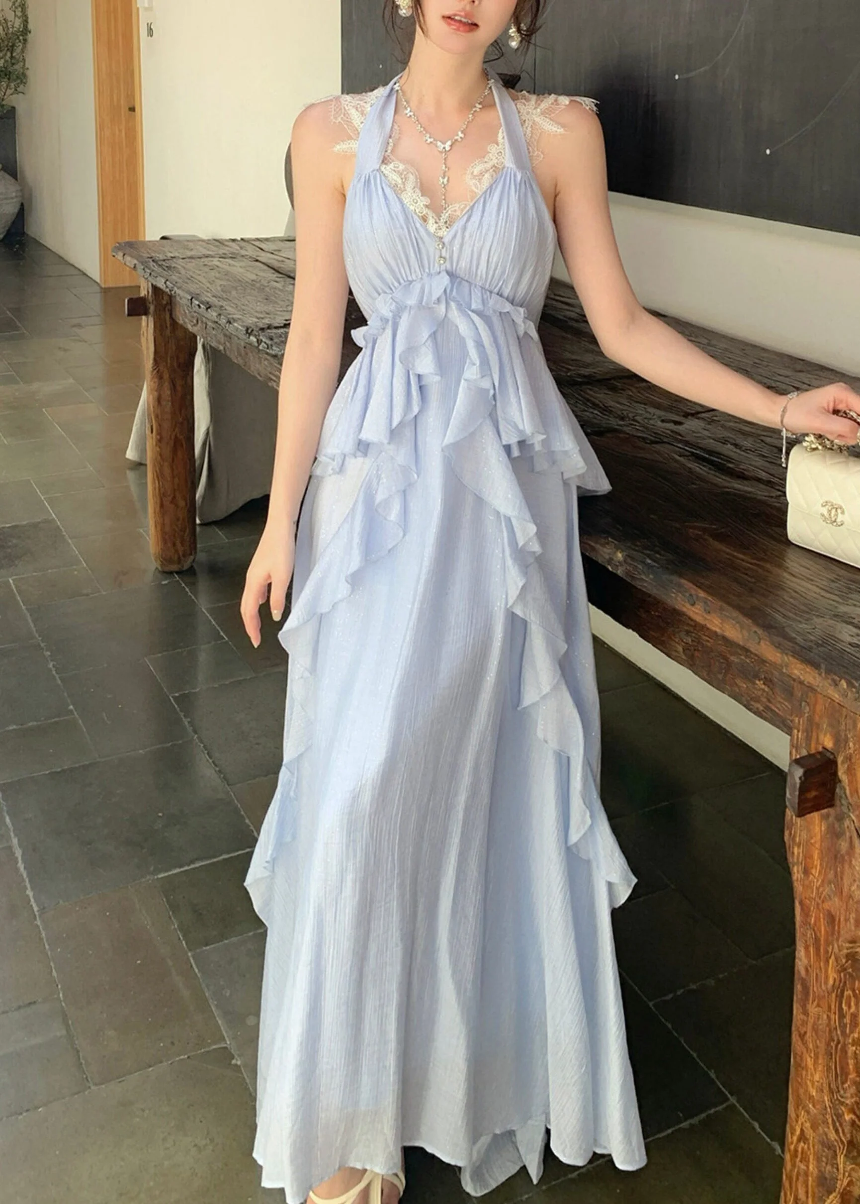 Fitted Blue Ruffled Exra Large Hem Cotton Halter Holiday Dresses Summer - Image 2