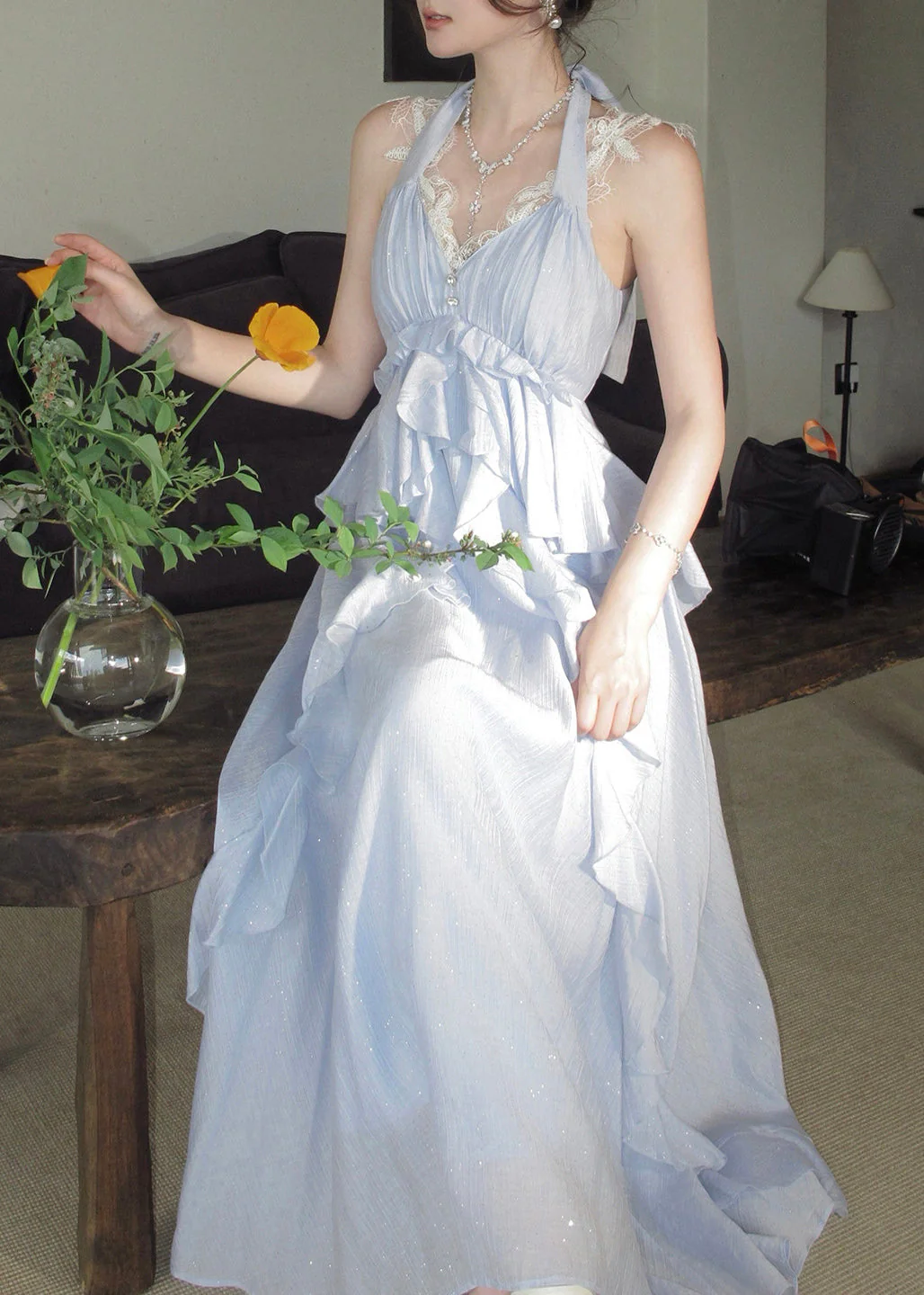 Fitted Blue Ruffled Exra Large Hem Cotton Halter Holiday Dresses Summer - Image 5