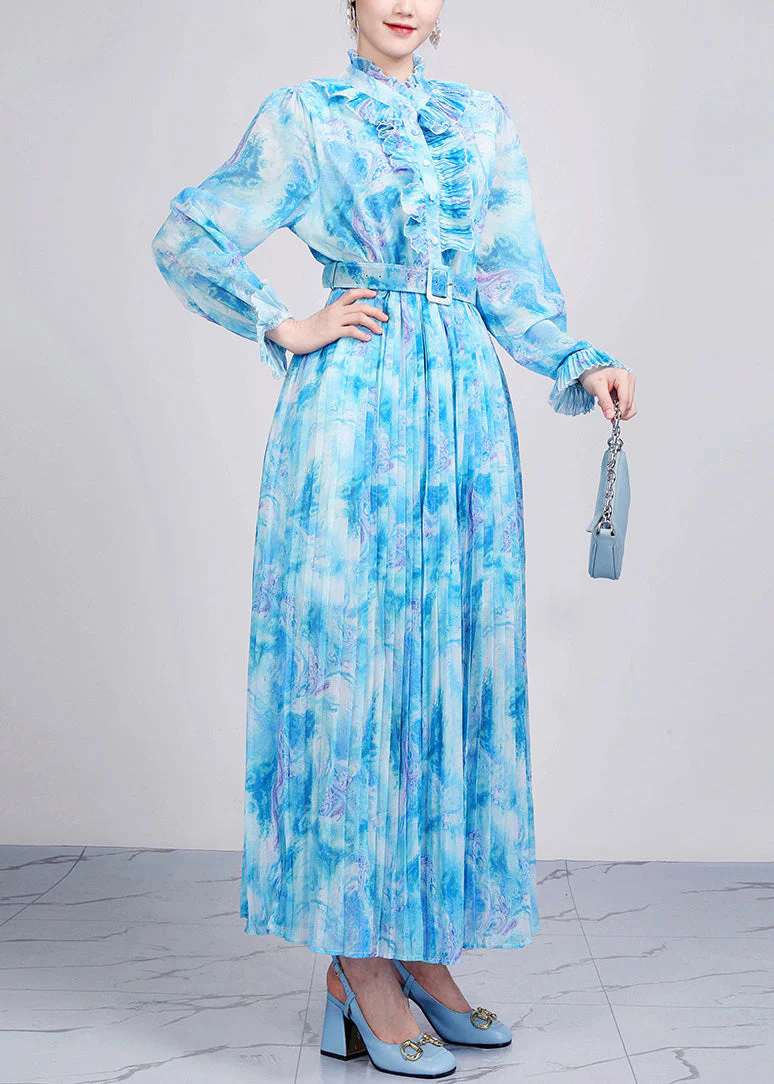 Fitted Blue Ruffled Print Sashes Chiffon Dresses Long Sleeve - Image 3