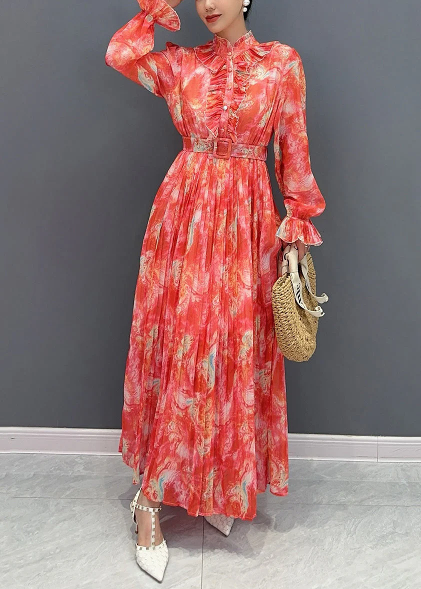 Fitted Blue Ruffled Print Sashes Chiffon Dresses Long Sleeve - Image 4