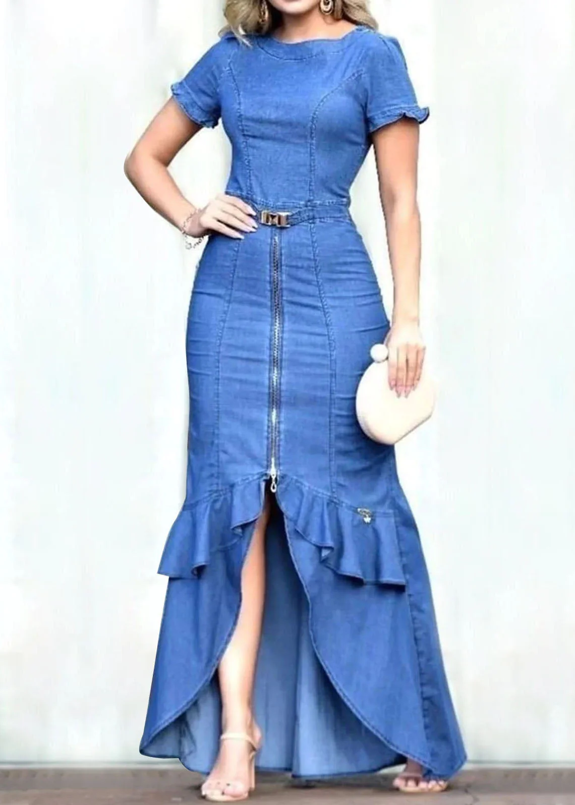 Fitted Blue Ruffled Zip Up Patchwork Denim Long Dress Summer - Image 5